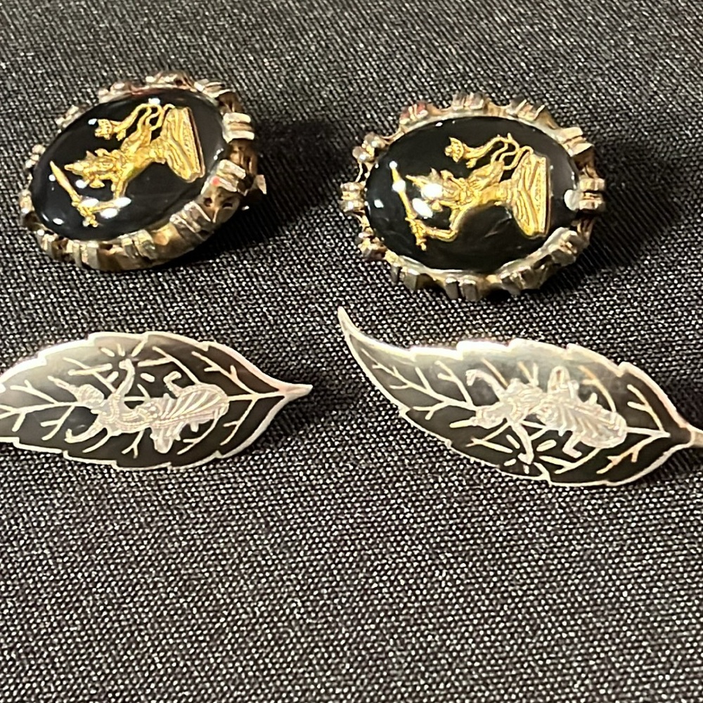 Set of 2 Vintage Siam Niello Dancer Earrings. Thailand. Screw back is Sterling